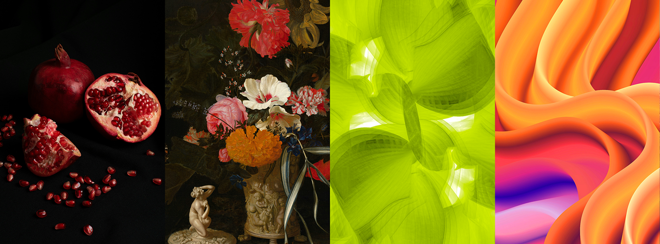 Vierdelige collage met granaatappels op zwarte stof, een bloemstilleven, limoengroene abstracte vormen en vloeiende golven in oranje, roze en paars.
