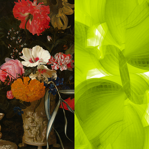 Vierdelige collage met granaatappels op zwarte stof, een bloemstilleven, limoengroene abstracte vormen en vloeiende golven in oranje, roze en paars.