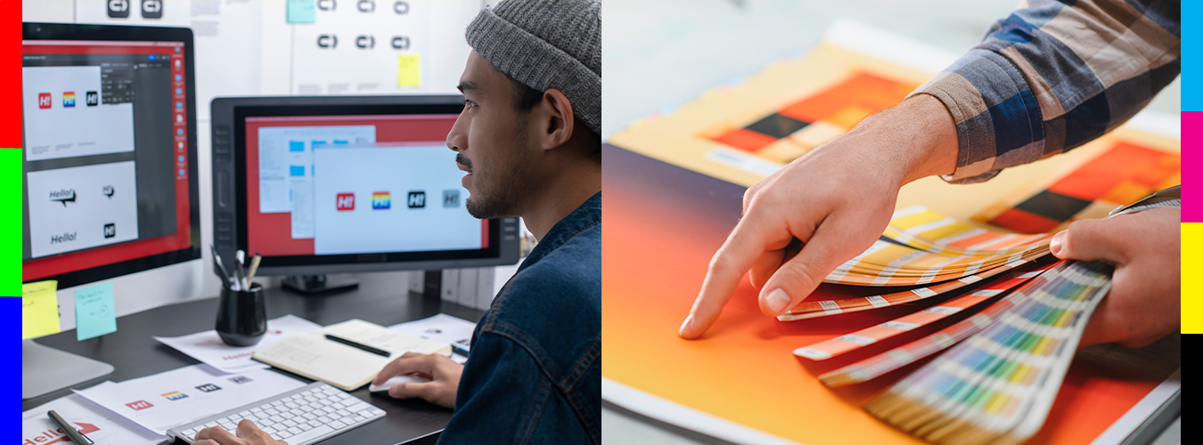 Ontwerper werkt aan schermontwerpen naast een waaier met drukkleuren, als vergelijking tussen digitale en printkleuren.