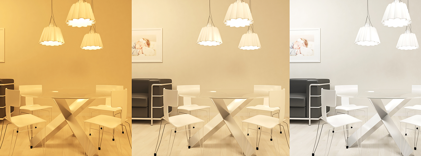 Moderne eetkamer met vergelijking van warme, neutrale en koele verlichting boven een tafel en stoelen