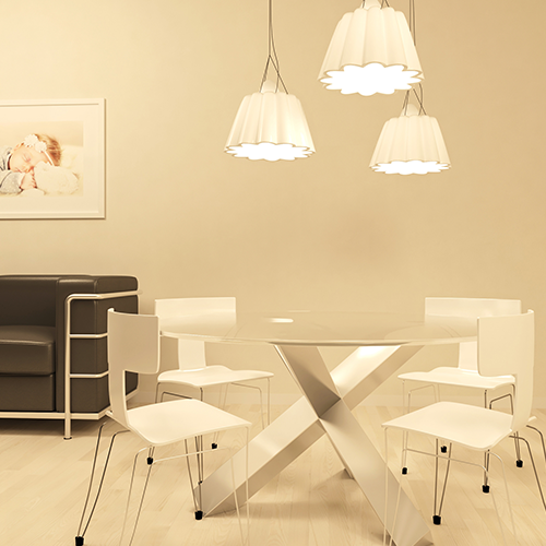 Moderne eetkamer met vergelijking van warme, neutrale en koele verlichting boven een tafel en stoelen
