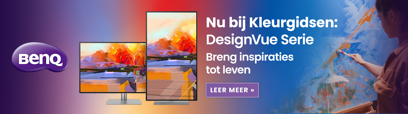 Een banner die het BenQ DesignVue monitorassortiment toont, met een geschilderde landschapsgrafiek in zonsondergangkleuren op het scherm, getoond in twee oriëntaties, portret en landschap, met de tekst "Nu bij Kleurgidsen: DesignVue Serie. Breng inspiraties tot leven. Leer meer"